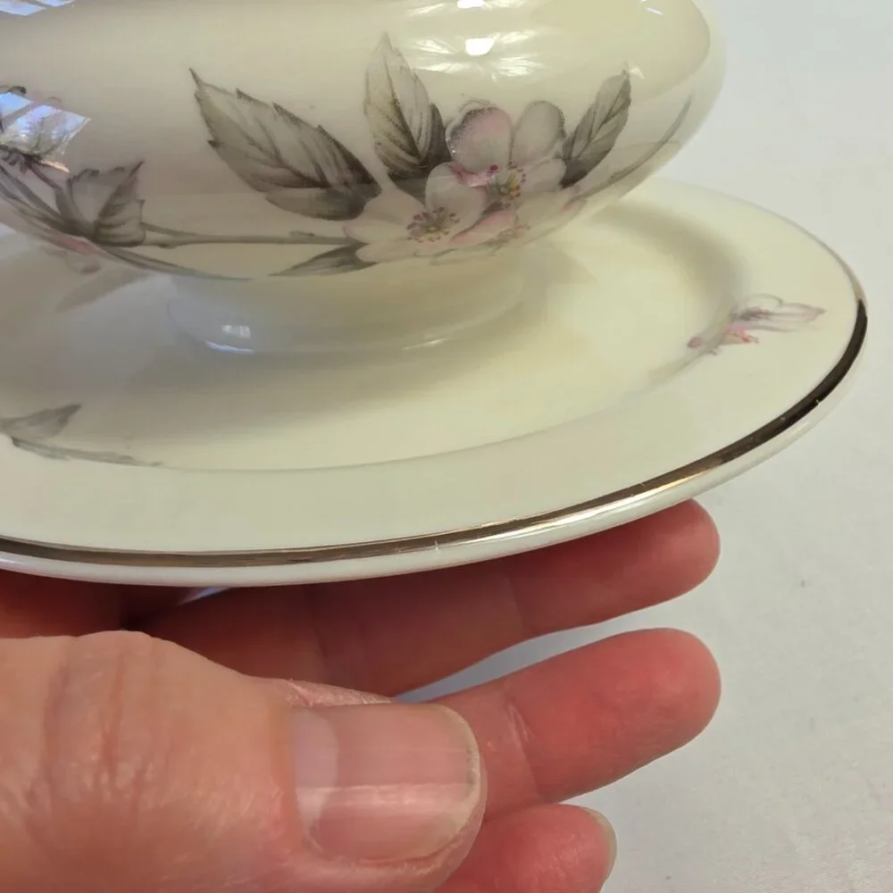 Manor House Spring Glory Gravy Boat & Underplate Pink & White Floral Gray Leaves